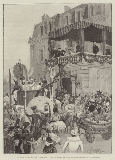 La Regina a Grasse, Battaglia dei Fiori, Cavalcata davanti al Grand Hotel, la Principessa Beatrice che dona denaro da Amedee Forestier